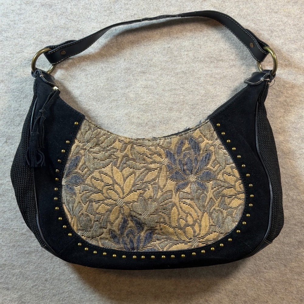The Sak Pink Label Black Suede Floral Tapestry Crochet Studded Hobo Bag